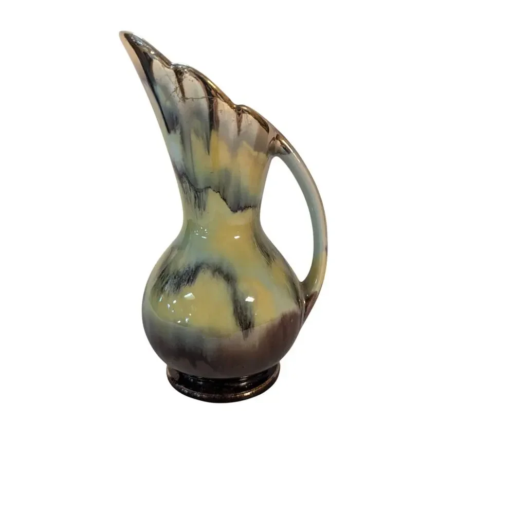 Vintage Art Deco Majolica Pitcher Ewer Vase Yellow Brown Drip Glaze 7" - Picture 2 of 12